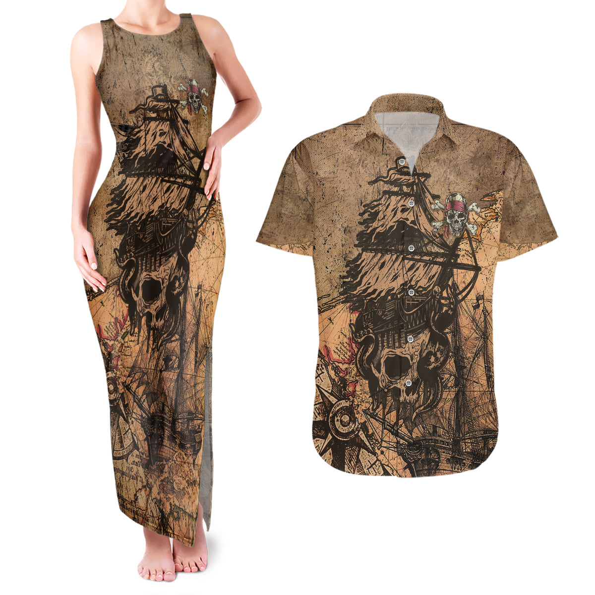Skull Pirate Couples Matching Tank Maxi Dress and Hawaiian Shirt Revenge Vintage Style Art - Wonder Print Shop