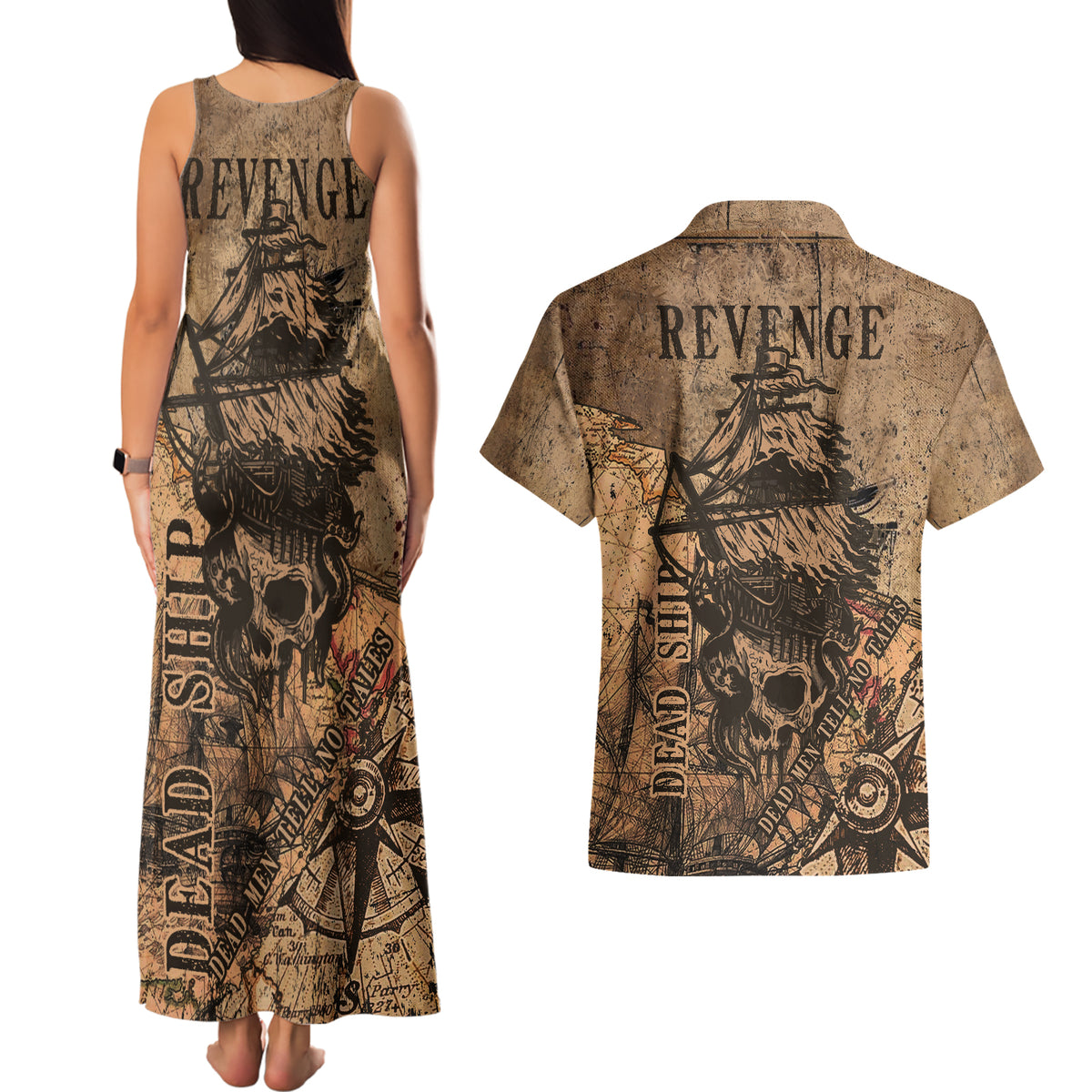 Skull Pirate Couples Matching Tank Maxi Dress and Hawaiian Shirt Revenge Vintage Style Art - Wonder Print Shop