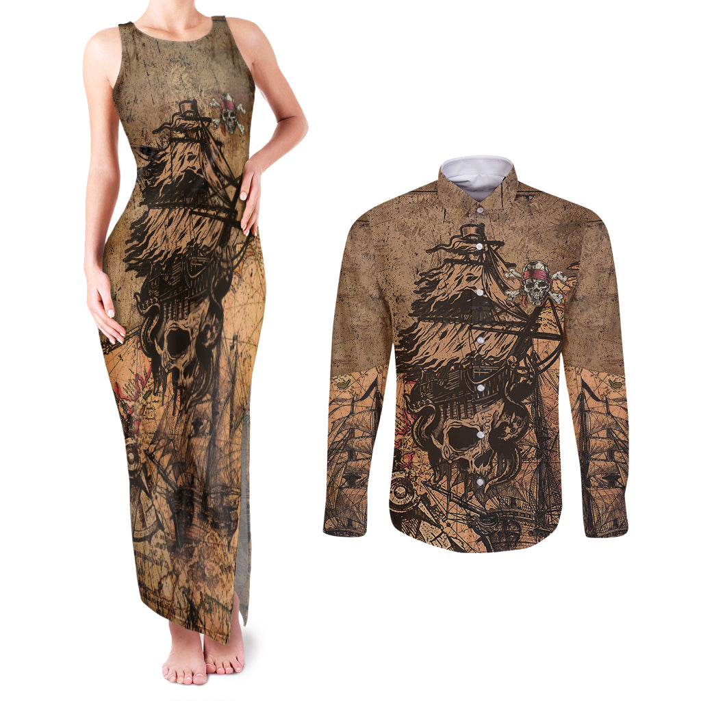 Skull Pirate Couples Matching Tank Maxi Dress and Long Sleeve Button Shirts Revenge Vintage Style Art - Wonder Print Shop