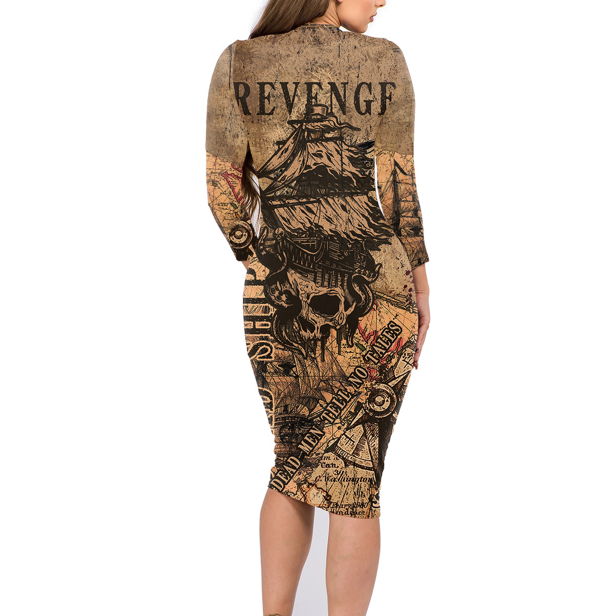 Skull Pirate Family Matching Long Sleeve Bodycon Dress and Hawaiian Shirt Revenge Vintage Style Art - Wonder Print Shop