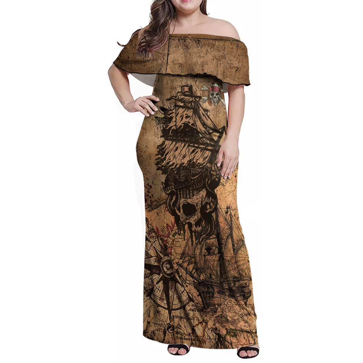 Skull Pirate Family Matching Off Shoulder Maxi Dress and Hawaiian Shirt Revenge Vintage Style Art - Wonder Print Shop