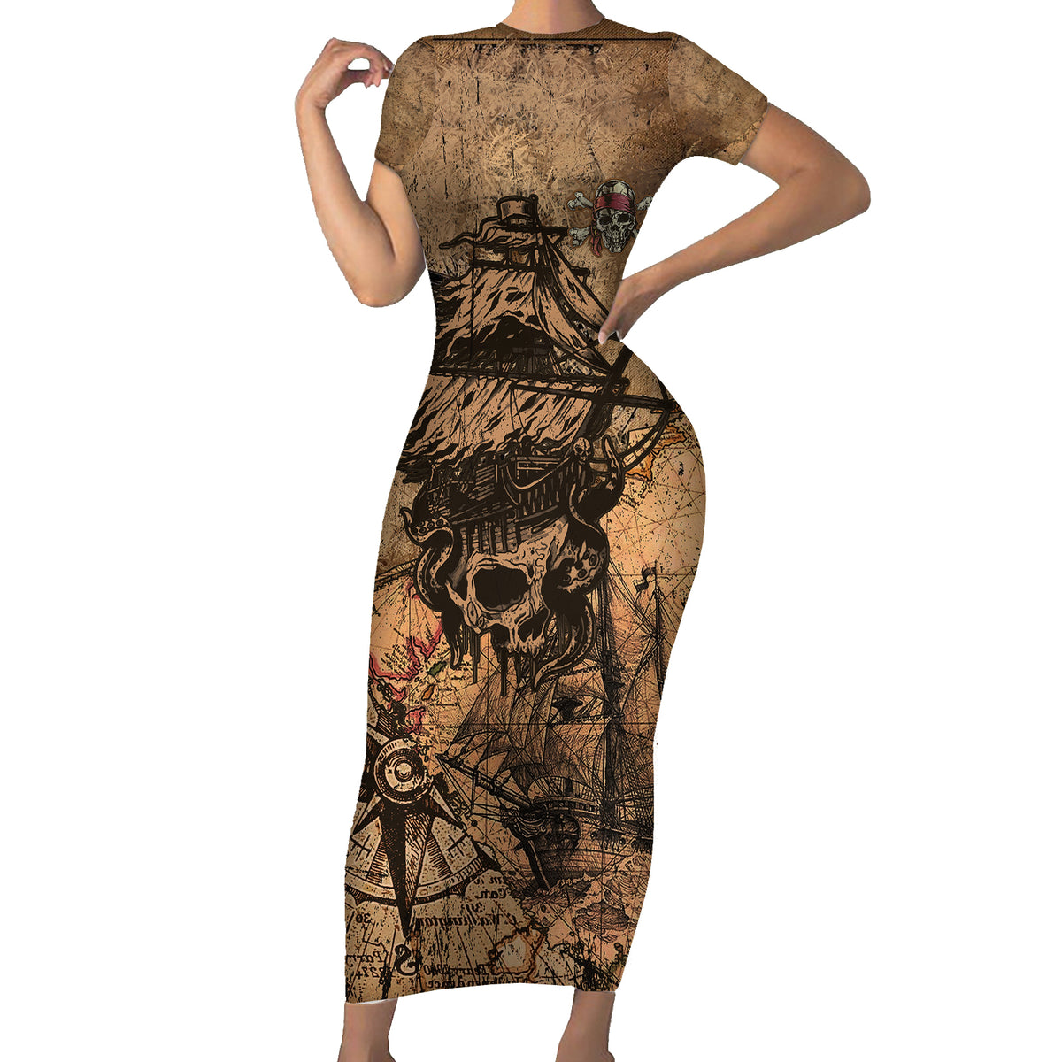 Skull Pirate Family Matching Short Sleeve Bodycon Dress and Hawaiian Shirt Revenge Vintage Style Art - Wonder Print Shop