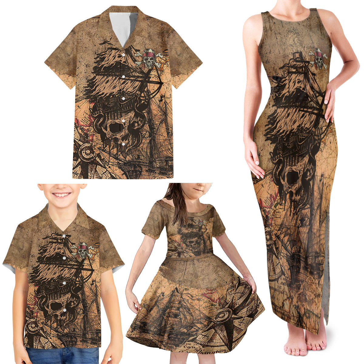 Skull Pirate Family Matching Tank Maxi Dress and Hawaiian Shirt Revenge Vintage Style Art - Wonder Print Shop