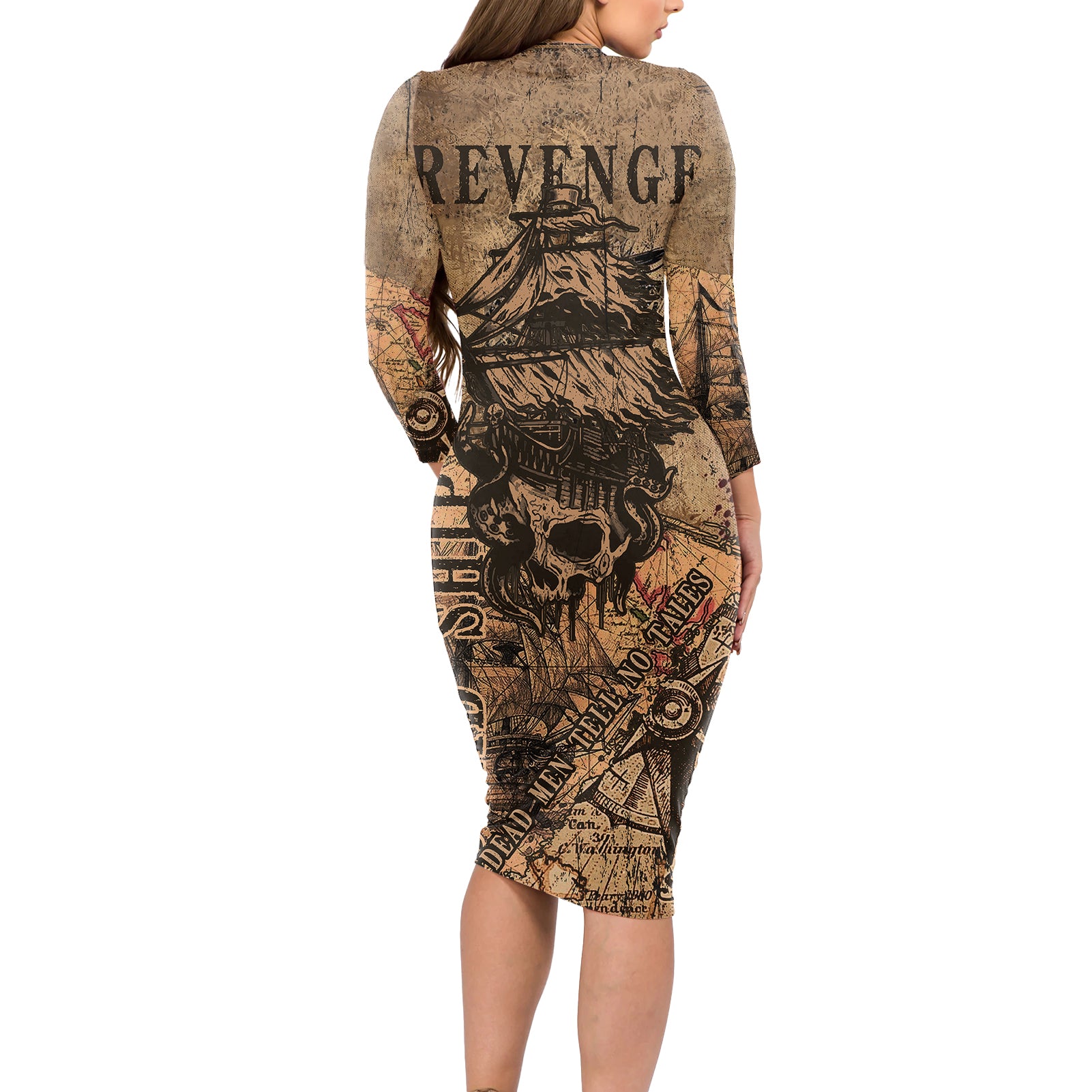 Skull Pirate Long Sleeve Bodycon Dress Revenge Vintage Style Art - Wonder Print Shop