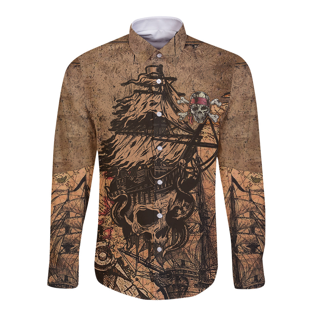 Skull Pirate Long Sleeve Button Shirt Revenge Vintage Style Art - Wonder Print Shop