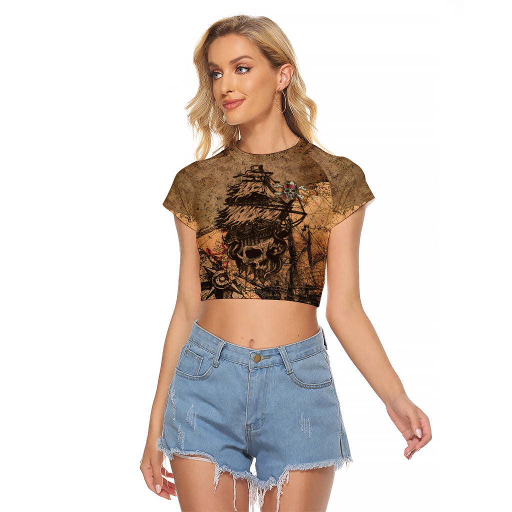 Skull Pirate Raglan Cropped T Shirt Revenge Vintage Style Art - Wonder Print Shop