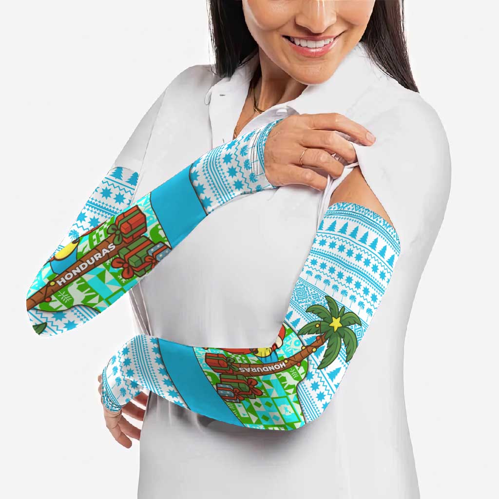 Honduras Christmas Arm Sleeves with Santa Parrot Palm Tree and Tropical Gift Pattern Design - Wonder Print Shop