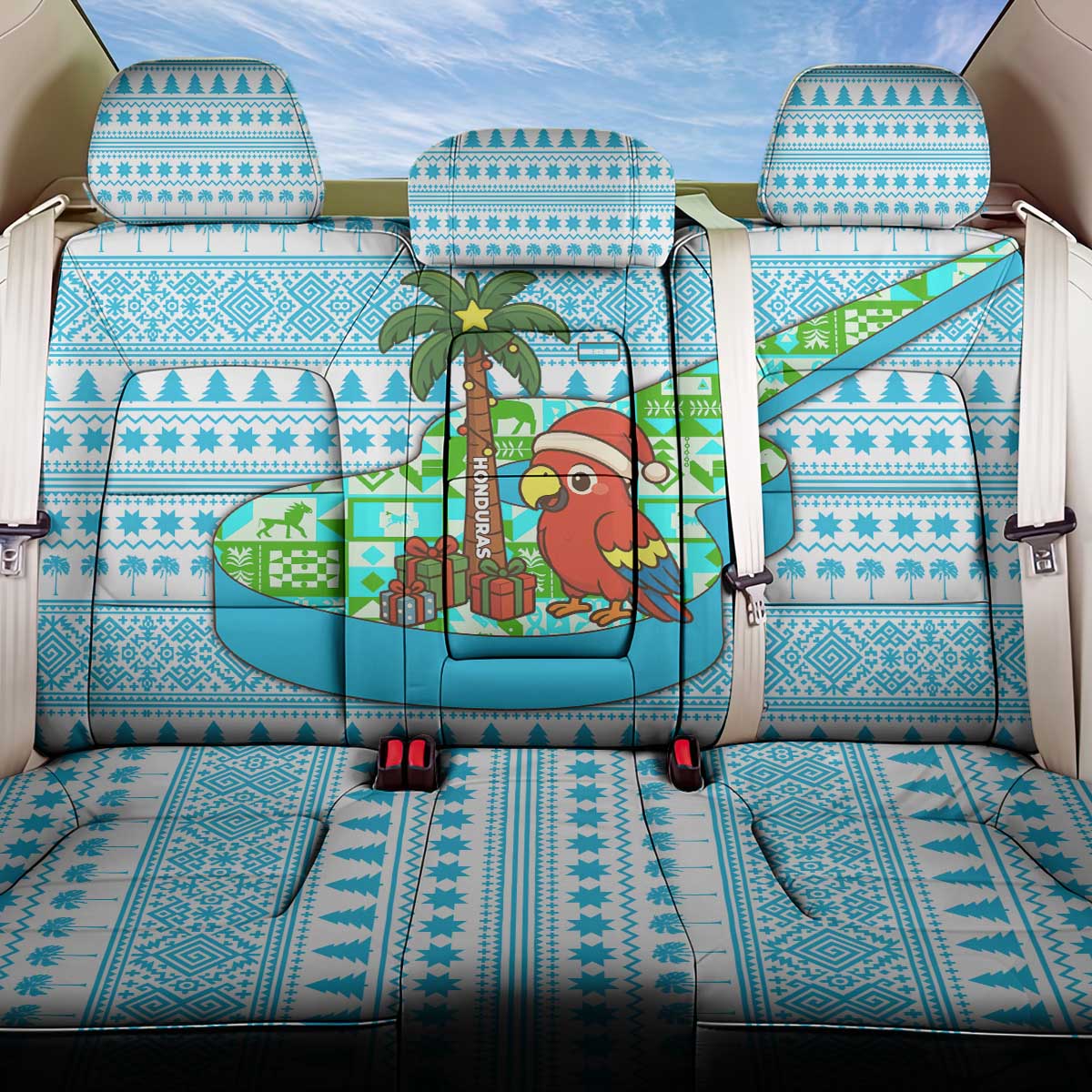 Honduras Christmas Back Car Seat Cover with Santa Parrot Palm Tree and Tropical Gift Pattern Design - Wonder Print Shop