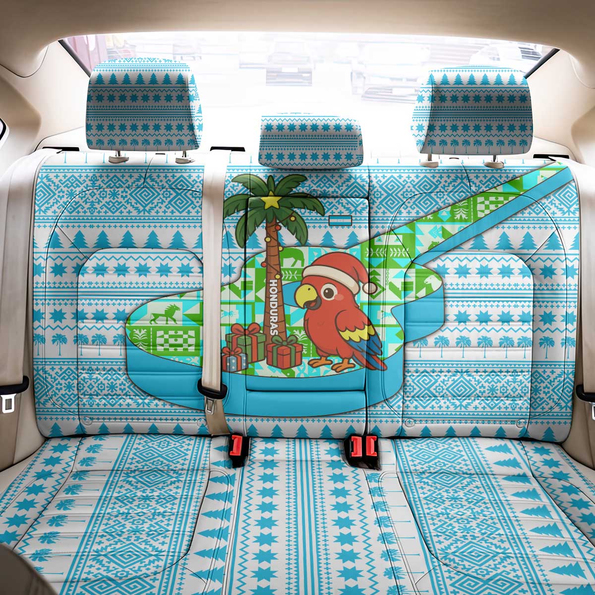 Honduras Christmas Back Car Seat Cover with Santa Parrot Palm Tree and Tropical Gift Pattern Design - Wonder Print Shop