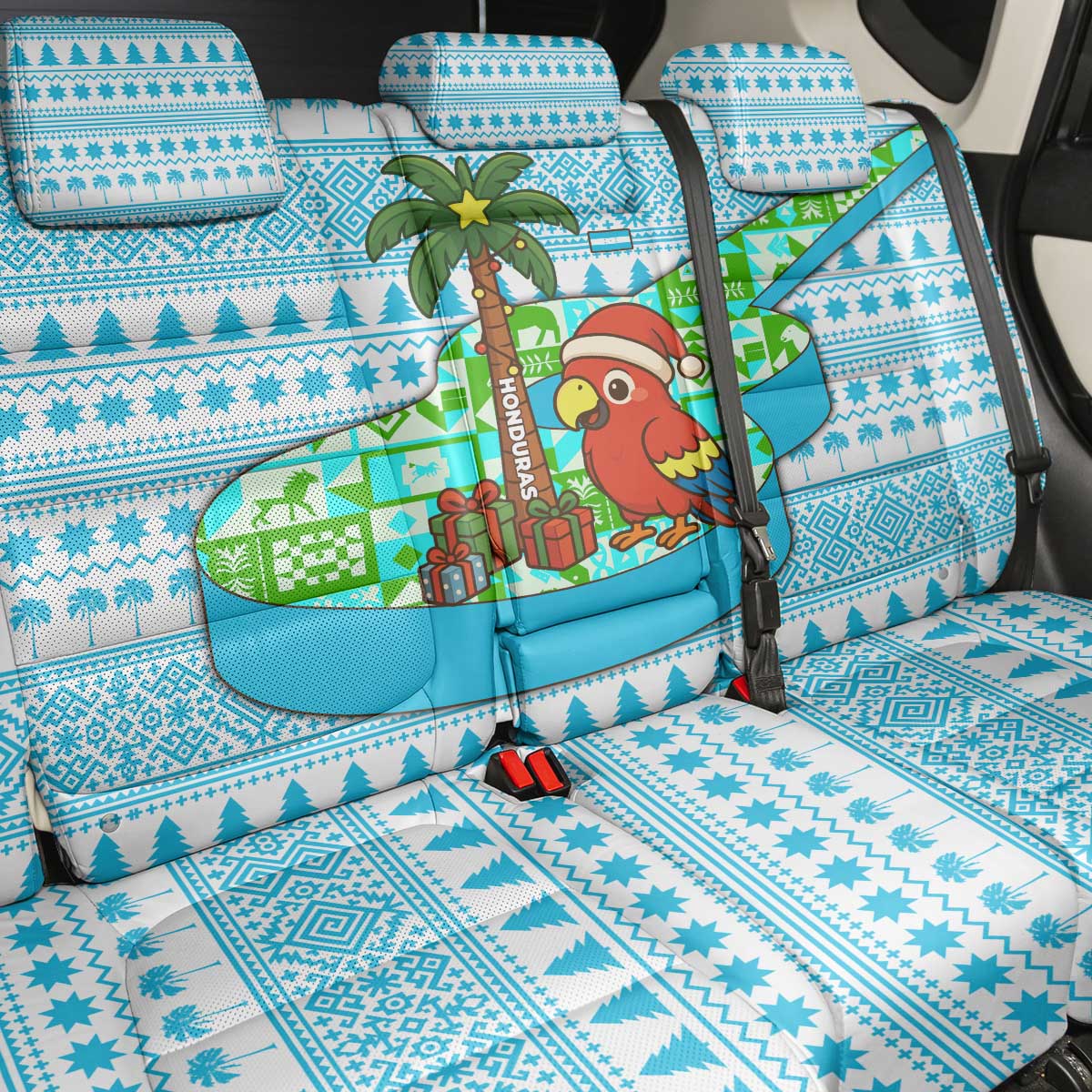 Honduras Christmas Back Car Seat Cover with Santa Parrot Palm Tree and Tropical Gift Pattern Design - Wonder Print Shop