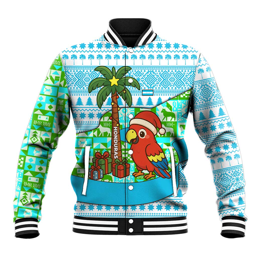 Honduras Christmas Baseball Jacket with Santa Parrot Palm Tree and Tropical Gift Pattern Design - Wonder Print Shop