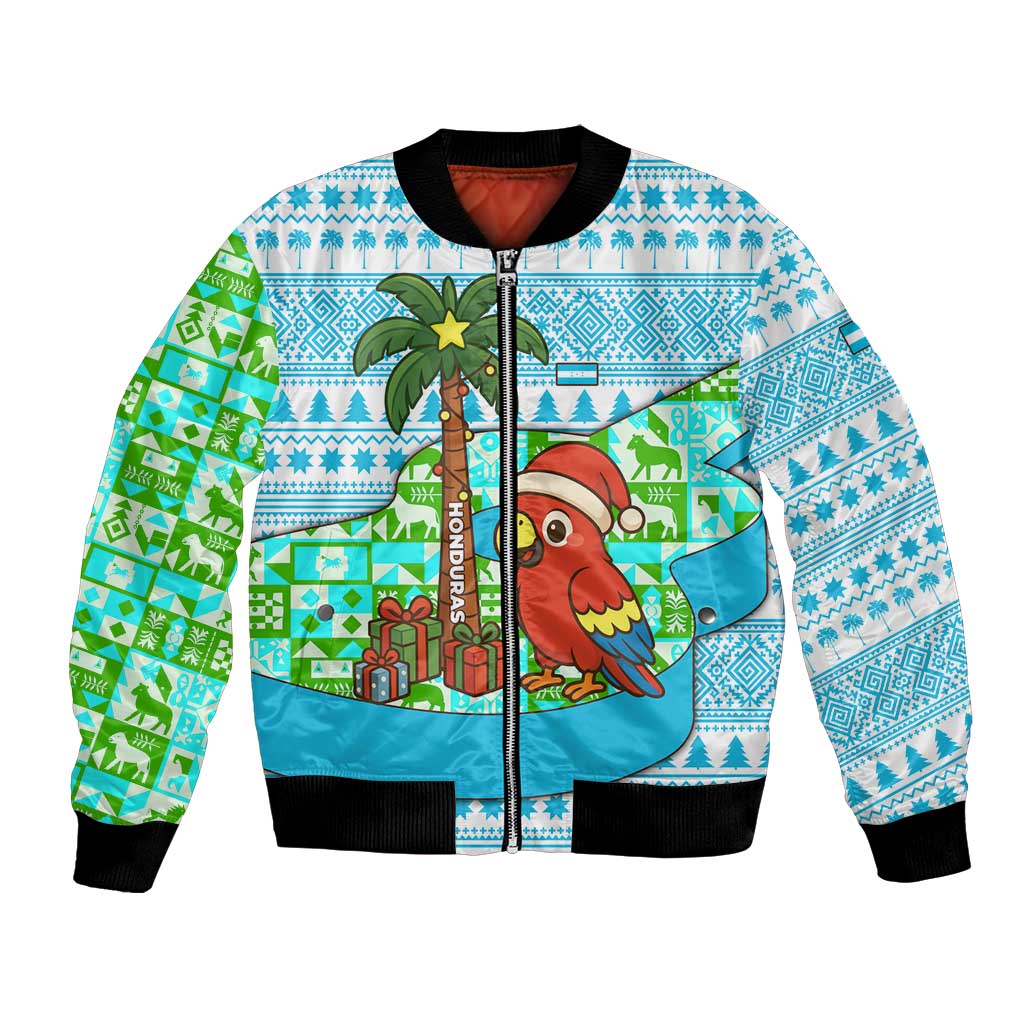 Honduras Christmas Bomber Jacket with Santa Parrot Palm Tree and Tropical Gift Pattern Design - Wonder Print Shop