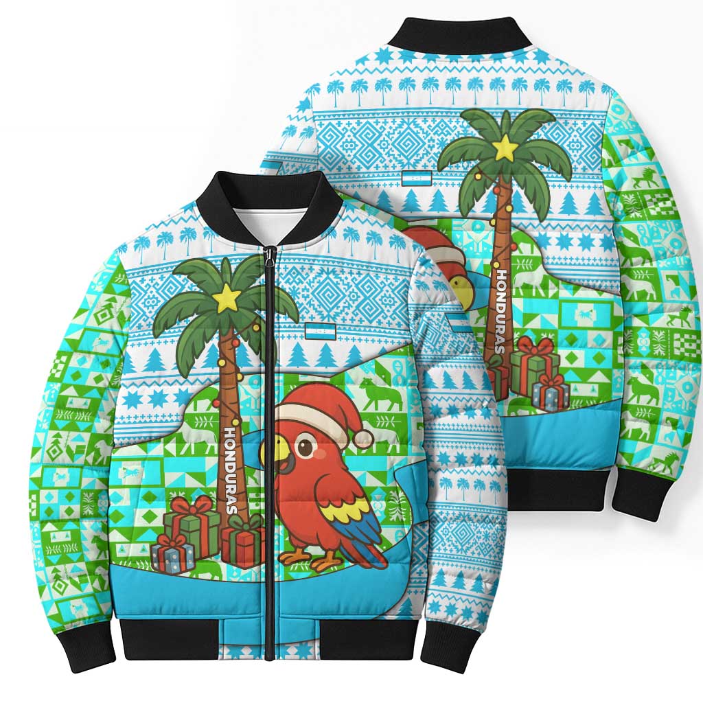 Honduras Christmas Bomber Puffer Jacket with Santa Parrot Palm Tree and Tropical Gift Pattern Design - Wonder Print Shop