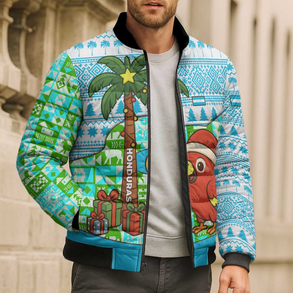 Honduras Christmas Bomber Puffer Jacket with Santa Parrot Palm Tree and Tropical Gift Pattern Design - Wonder Print Shop