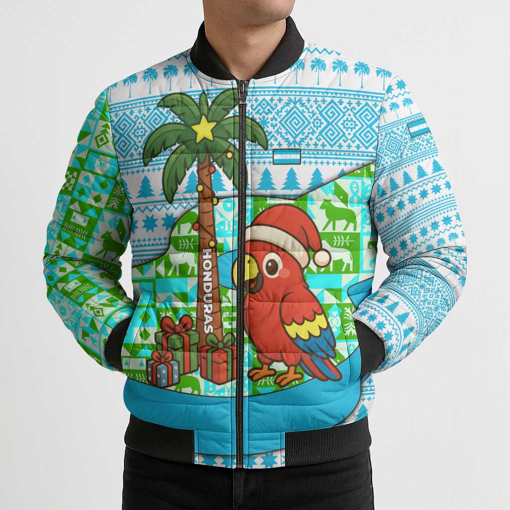 Honduras Christmas Bomber Puffer Jacket with Santa Parrot Palm Tree and Tropical Gift Pattern Design - Wonder Print Shop