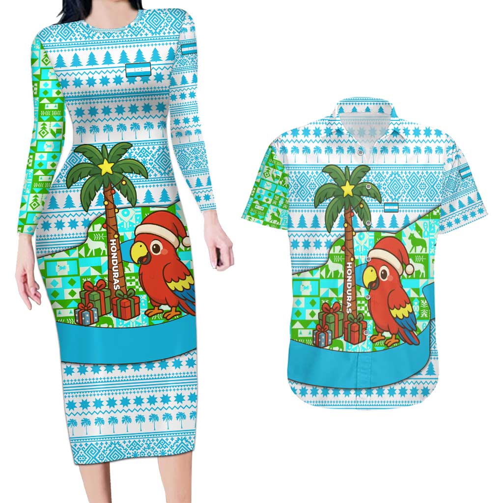 Honduras Christmas Couples Matching Long Sleeve Bodycon Dress and Hawaiian Shirt with Santa Parrot Palm Tree and Tropical Gift Pattern Design - Wonder Print Shop