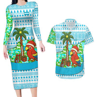 Honduras Christmas Couples Matching Long Sleeve Bodycon Dress and Hawaiian Shirt with Santa Parrot Palm Tree and Tropical Gift Pattern Design - Wonder Print Shop