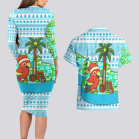 Honduras Christmas Couples Matching Long Sleeve Bodycon Dress and Hawaiian Shirt with Santa Parrot Palm Tree and Tropical Gift Pattern Design - Wonder Print Shop
