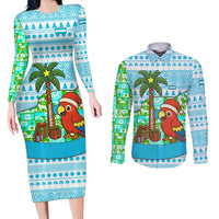 Honduras Christmas Couples Matching Long Sleeve Bodycon Dress and Long Sleeve Button Shirt with Santa Parrot Palm Tree and Tropical Gift Pattern Design - Wonder Print Shop