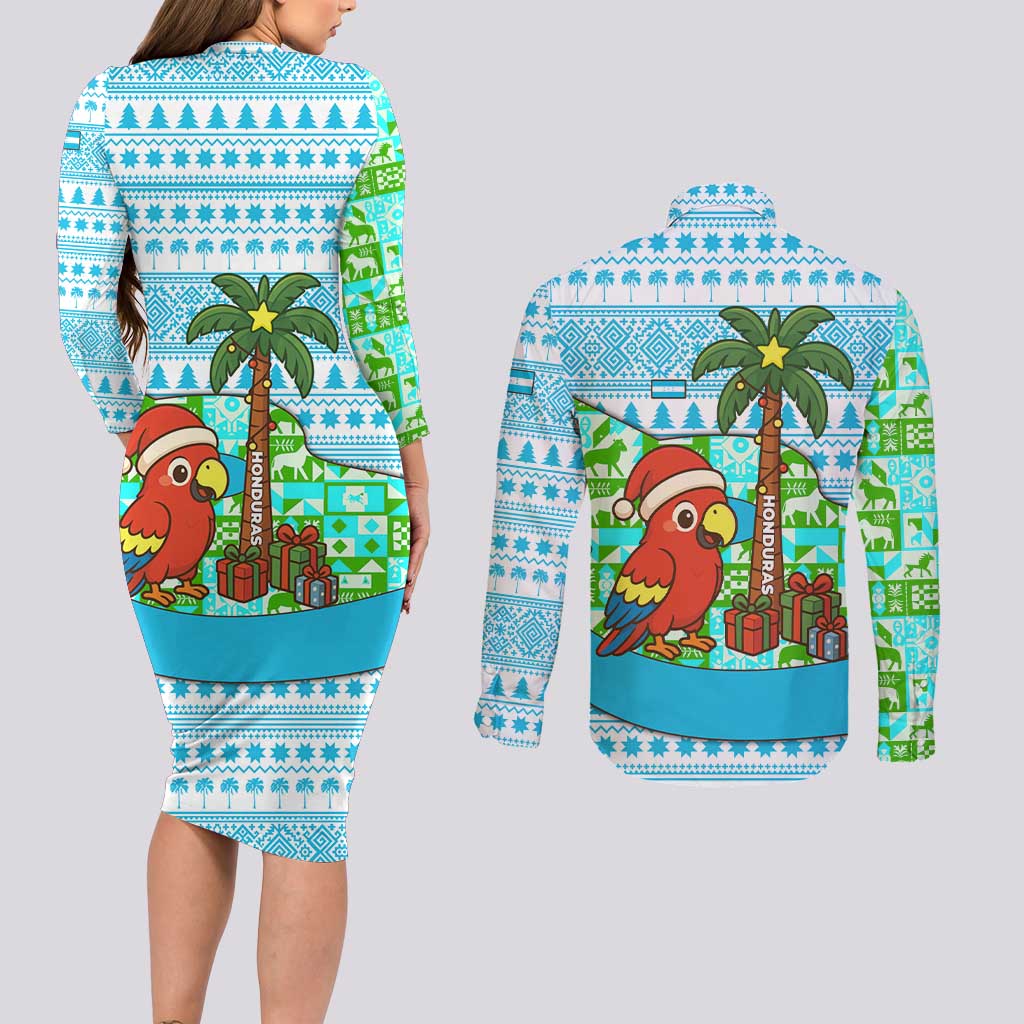 Honduras Christmas Couples Matching Long Sleeve Bodycon Dress and Long Sleeve Button Shirt with Santa Parrot Palm Tree and Tropical Gift Pattern Design - Wonder Print Shop