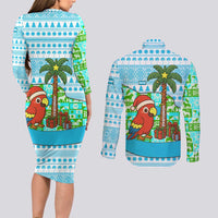 Honduras Christmas Couples Matching Long Sleeve Bodycon Dress and Long Sleeve Button Shirt with Santa Parrot Palm Tree and Tropical Gift Pattern Design - Wonder Print Shop