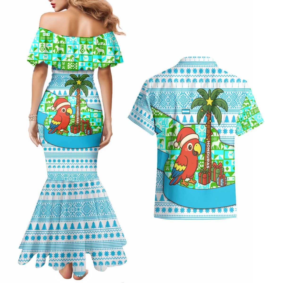 Honduras Christmas Couples Matching Mermaid Dress and Hawaiian Shirt with Santa Parrot Palm Tree and Tropical Gift Pattern Design - Wonder Print Shop