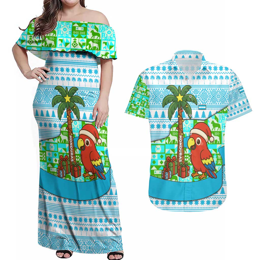 Honduras Christmas Couples Matching Off Shoulder Maxi Dress and Hawaiian Shirt with Santa Parrot Palm Tree and Tropical Gift Pattern Design - Wonder Print Shop