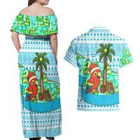 Honduras Christmas Couples Matching Off Shoulder Maxi Dress and Hawaiian Shirt with Santa Parrot Palm Tree and Tropical Gift Pattern Design - Wonder Print Shop
