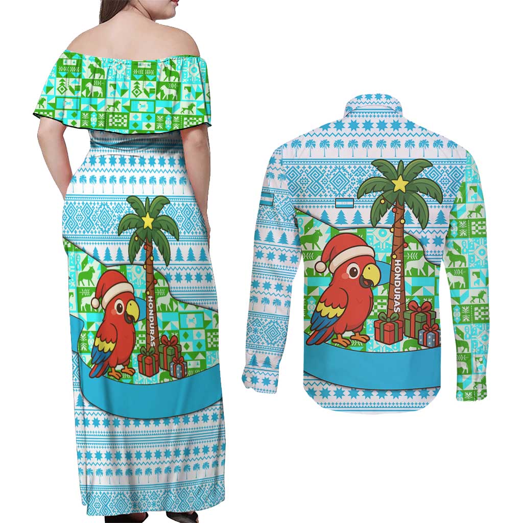 Honduras Christmas Couples Matching Off Shoulder Maxi Dress and Long Sleeve Button Shirt with Santa Parrot Palm Tree and Tropical Gift Pattern Design - Wonder Print Shop