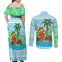 Honduras Christmas Couples Matching Off Shoulder Maxi Dress and Long Sleeve Button Shirt with Santa Parrot Palm Tree and Tropical Gift Pattern Design - Wonder Print Shop