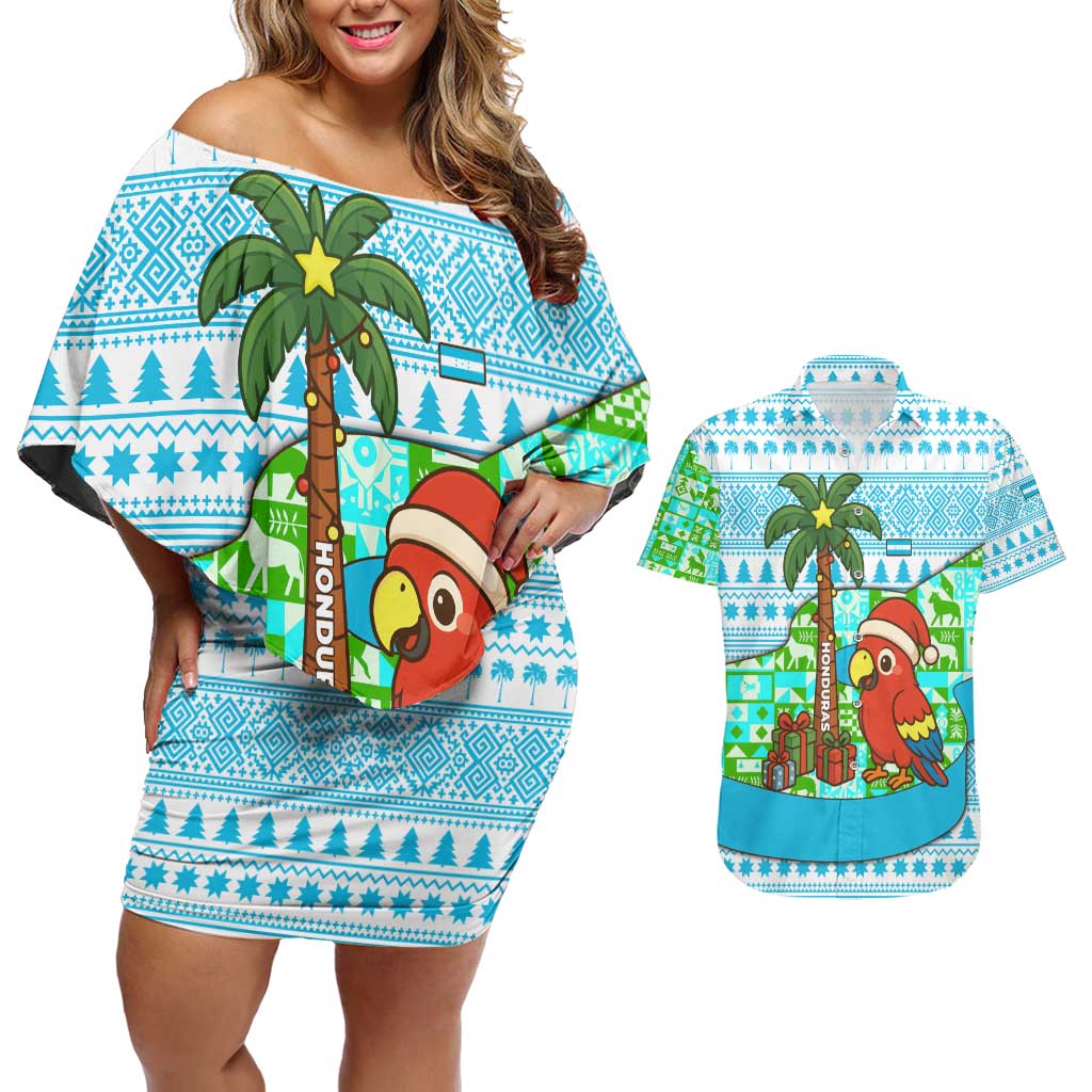 Honduras Christmas Couples Matching Off Shoulder Short Dress and Hawaiian Shirt with Santa Parrot Palm Tree and Tropical Gift Pattern Design - Wonder Print Shop