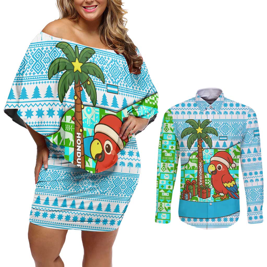 Honduras Christmas Couples Matching Off Shoulder Short Dress and Long Sleeve Button Shirt with Santa Parrot Palm Tree and Tropical Gift Pattern Design - Wonder Print Shop