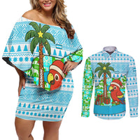 Honduras Christmas Couples Matching Off Shoulder Short Dress and Long Sleeve Button Shirt with Santa Parrot Palm Tree and Tropical Gift Pattern Design - Wonder Print Shop