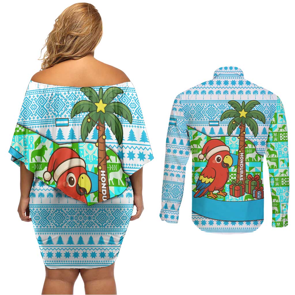 Honduras Christmas Couples Matching Off Shoulder Short Dress and Long Sleeve Button Shirt with Santa Parrot Palm Tree and Tropical Gift Pattern Design - Wonder Print Shop