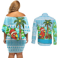 Honduras Christmas Couples Matching Off Shoulder Short Dress and Long Sleeve Button Shirt with Santa Parrot Palm Tree and Tropical Gift Pattern Design - Wonder Print Shop