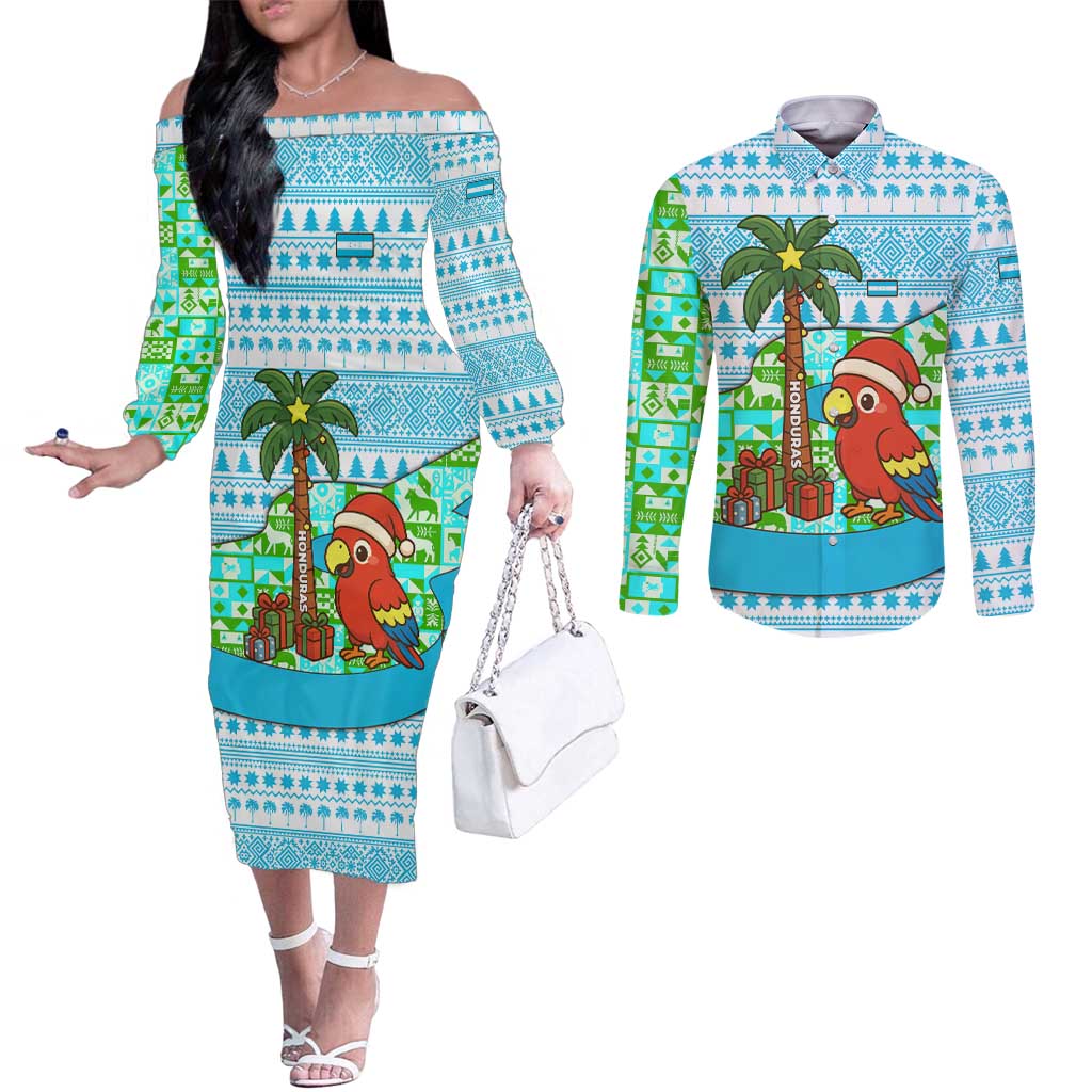 Honduras Christmas Couples Matching Off The Shoulder Long Sleeve Dress and Long Sleeve Button Shirt with Santa Parrot Palm Tree and Tropical Gift Pattern Design - Wonder Print Shop