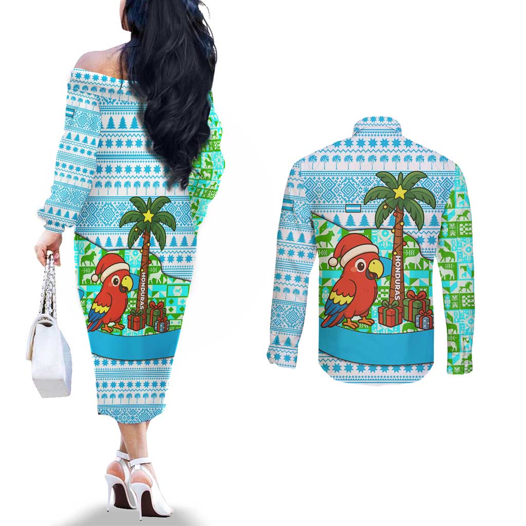 Honduras Christmas Couples Matching Off The Shoulder Long Sleeve Dress and Long Sleeve Button Shirt with Santa Parrot Palm Tree and Tropical Gift Pattern Design - Wonder Print Shop