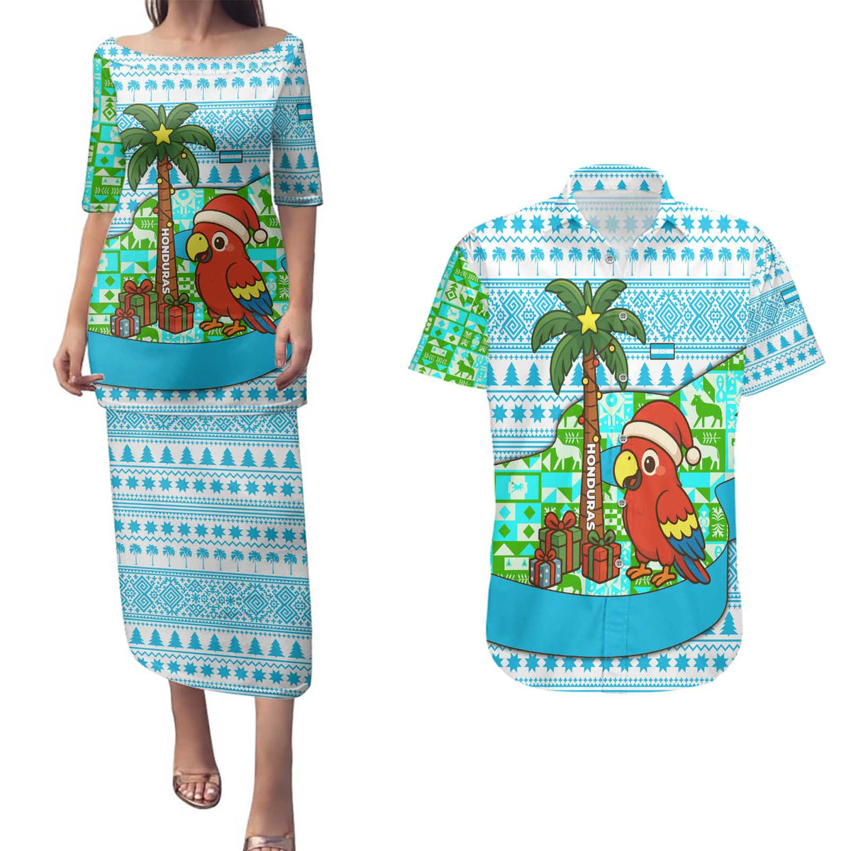 Honduras Christmas Couples Matching Puletasi and Hawaiian Shirt with Santa Parrot Palm Tree and Tropical Gift Pattern Design - Wonder Print Shop