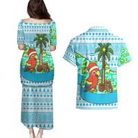 Honduras Christmas Couples Matching Puletasi and Hawaiian Shirt with Santa Parrot Palm Tree and Tropical Gift Pattern Design - Wonder Print Shop