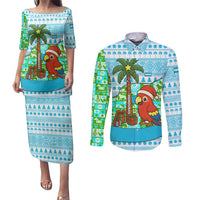 Honduras Christmas Couples Matching Puletasi and Long Sleeve Button Shirt with Santa Parrot Palm Tree and Tropical Gift Pattern Design - Wonder Print Shop