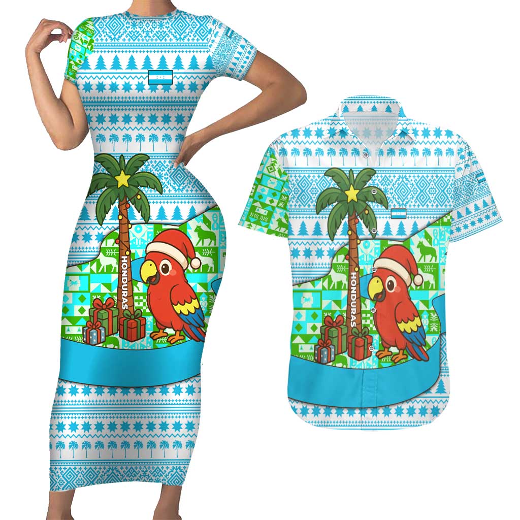 Honduras Christmas Couples Matching Short Sleeve Bodycon Dress and Hawaiian Shirt with Santa Parrot Palm Tree and Tropical Gift Pattern Design - Wonder Print Shop