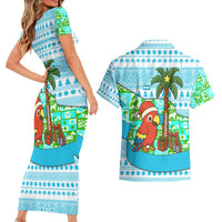 Honduras Christmas Couples Matching Short Sleeve Bodycon Dress and Hawaiian Shirt with Santa Parrot Palm Tree and Tropical Gift Pattern Design - Wonder Print Shop