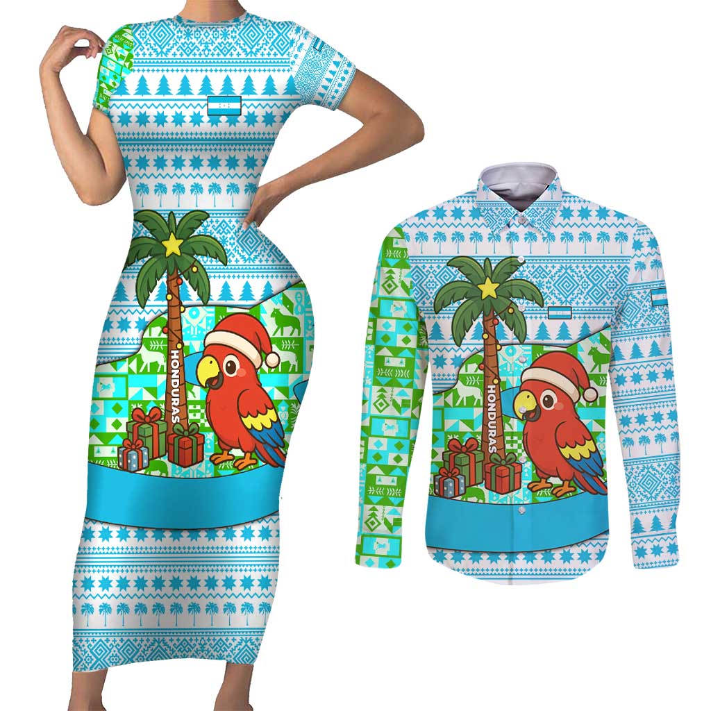 Honduras Christmas Couples Matching Short Sleeve Bodycon Dress and Long Sleeve Button Shirt with Santa Parrot Palm Tree and Tropical Gift Pattern Design - Wonder Print Shop