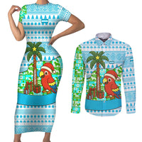 Honduras Christmas Couples Matching Short Sleeve Bodycon Dress and Long Sleeve Button Shirt with Santa Parrot Palm Tree and Tropical Gift Pattern Design - Wonder Print Shop