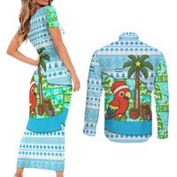 Honduras Christmas Couples Matching Short Sleeve Bodycon Dress and Long Sleeve Button Shirt with Santa Parrot Palm Tree and Tropical Gift Pattern Design - Wonder Print Shop