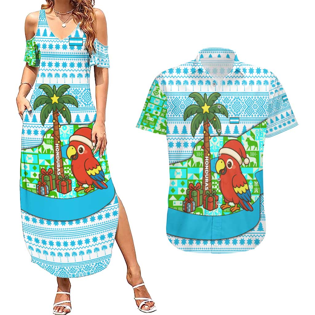 Honduras Christmas Couples Matching Summer Maxi Dress and Hawaiian Shirt with Santa Parrot Palm Tree and Tropical Gift Pattern Design - Wonder Print Shop