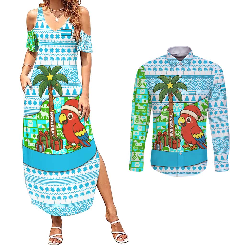 Honduras Christmas Couples Matching Summer Maxi Dress and Long Sleeve Button Shirt with Santa Parrot Palm Tree and Tropical Gift Pattern Design - Wonder Print Shop
