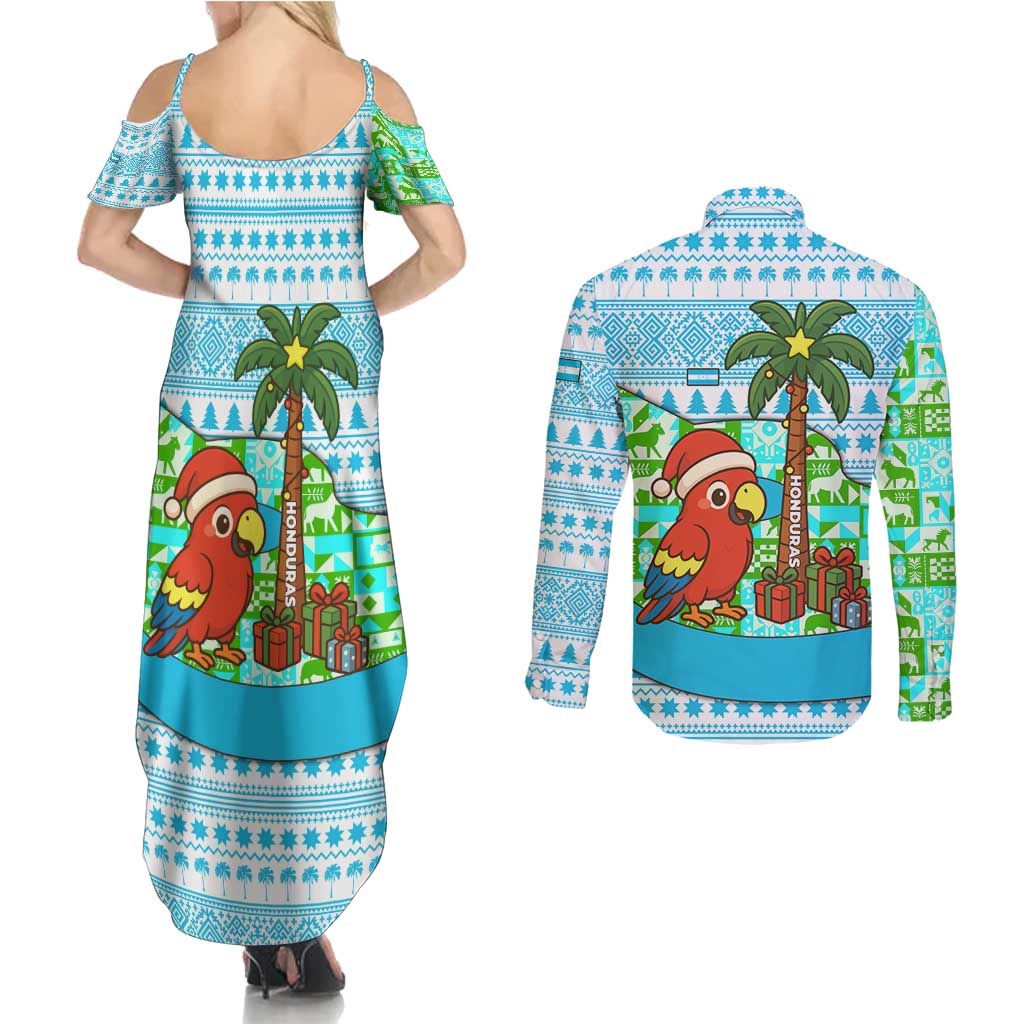 Honduras Christmas Couples Matching Summer Maxi Dress and Long Sleeve Button Shirt with Santa Parrot Palm Tree and Tropical Gift Pattern Design - Wonder Print Shop