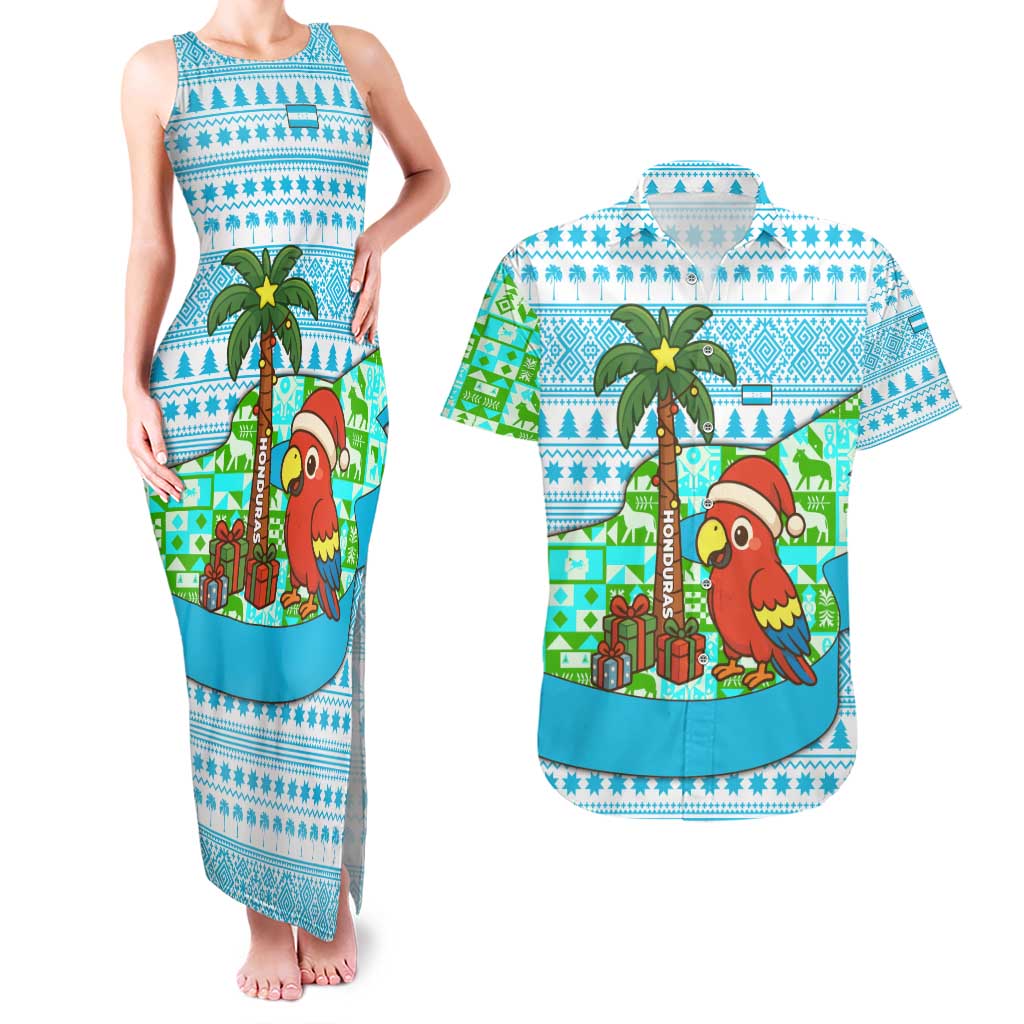 Honduras Christmas Couples Matching Tank Maxi Dress and Hawaiian Shirt with Santa Parrot Palm Tree and Tropical Gift Pattern Design - Wonder Print Shop