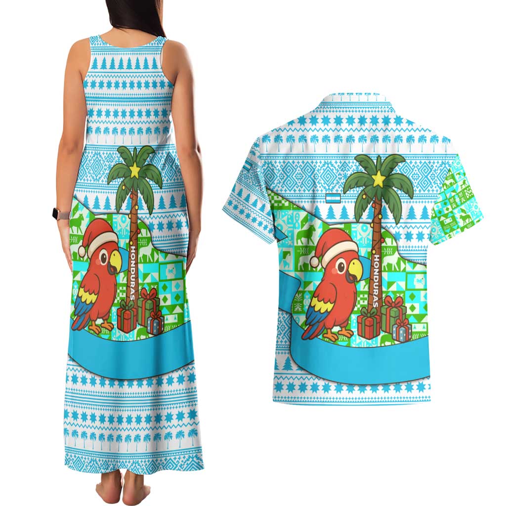 Honduras Christmas Couples Matching Tank Maxi Dress and Hawaiian Shirt with Santa Parrot Palm Tree and Tropical Gift Pattern Design - Wonder Print Shop